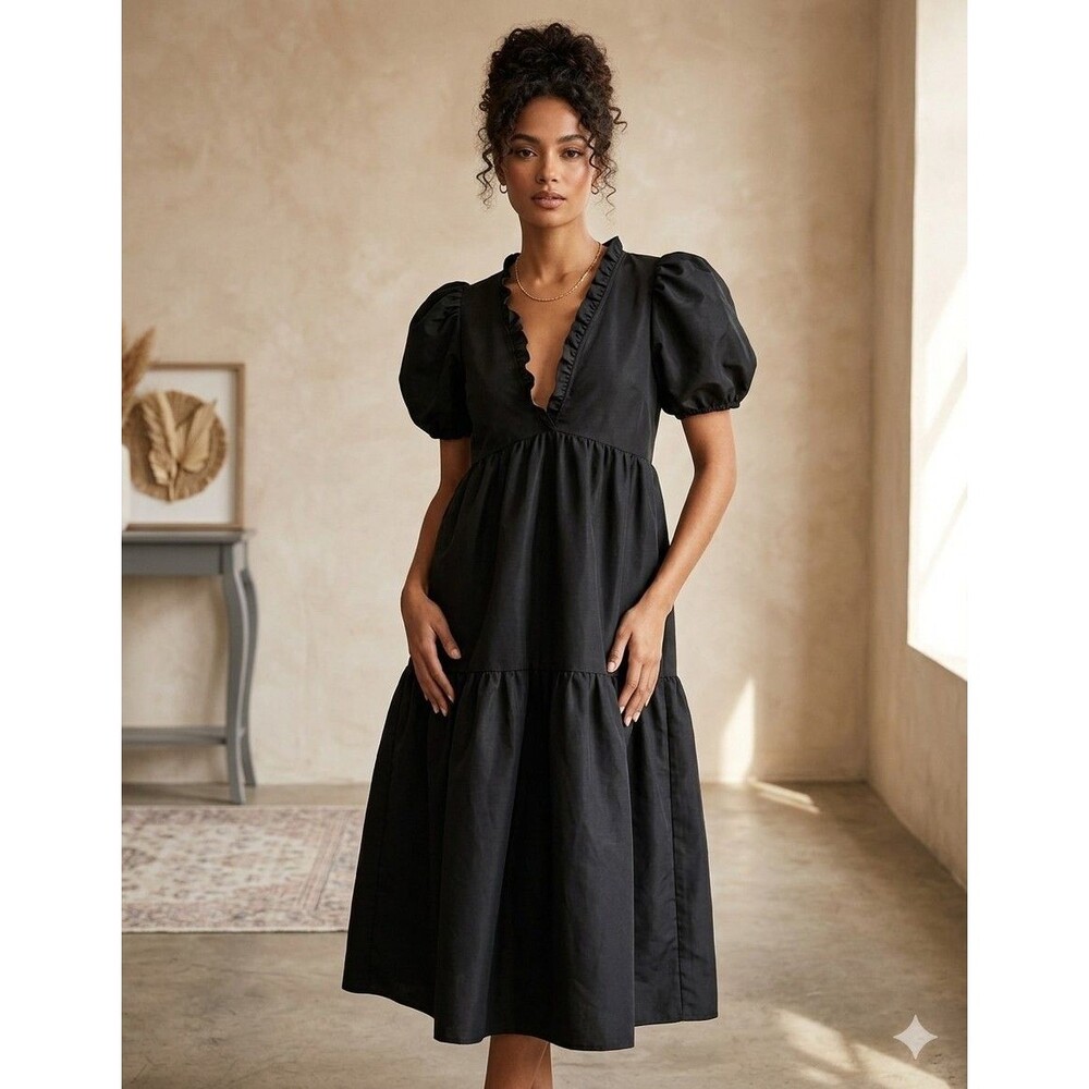 Kika Vargas x Target Black Ruffle V-Neck Puff Sleeve Tiered Midi Dress Medium